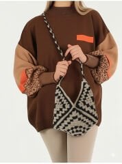 Вязаная сумка ручной работы крючком бохо черно-бежевая пляжная сумка через плечо летняя сумочка хиппи стиль подарок женщине