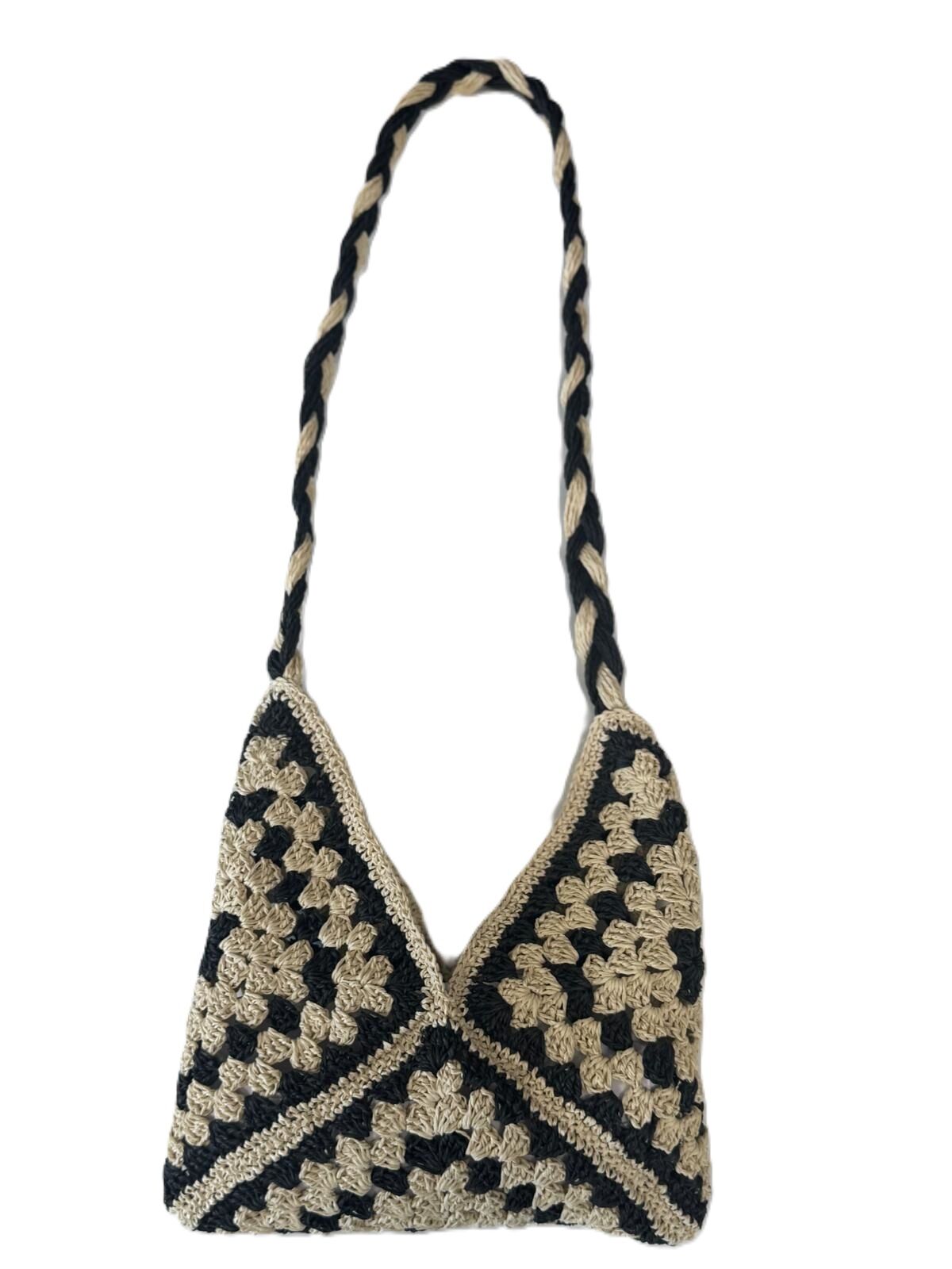 Вязаная сумка ручной работы крючком бохо черно-бежевая пляжная сумка через плечо летняя сумочка хиппи стиль подарок женщине