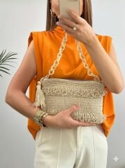 Бохо клатч ручной работы из рафии с бахромой и цепочкой, летняя вязаная пляжная сумка в натуральных тонах, подарок для женщины