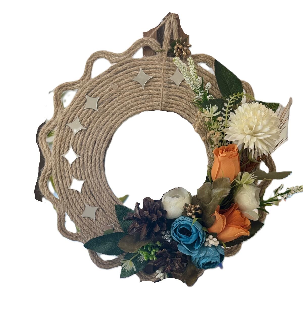 Рустикальный венок ручной работы с искусственными цветами, шишками и зеркальным декором, подвес из джутовой верёвки для двери или стены