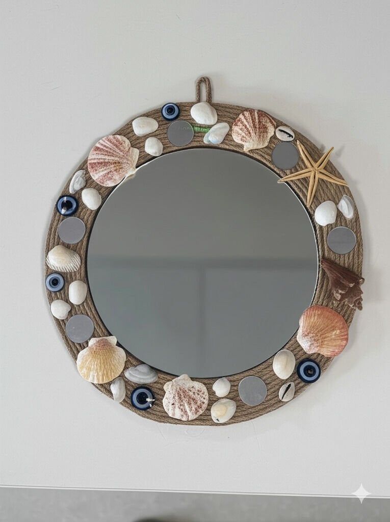 Настенное зеркало ручной работы с ракушками, глазками и морским декором, круглое зеркало с джутовой рамкой в пляжном стиле