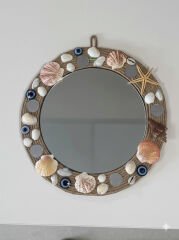 Настенное зеркало ручной работы с ракушками, глазками и морским декором, круглое зеркало с джутовой рамкой в пляжном стиле